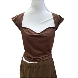 Hollister Brown Baby Doll Shirt Top Sweetheart Neckline Cap Sleeve Stretch Sz L